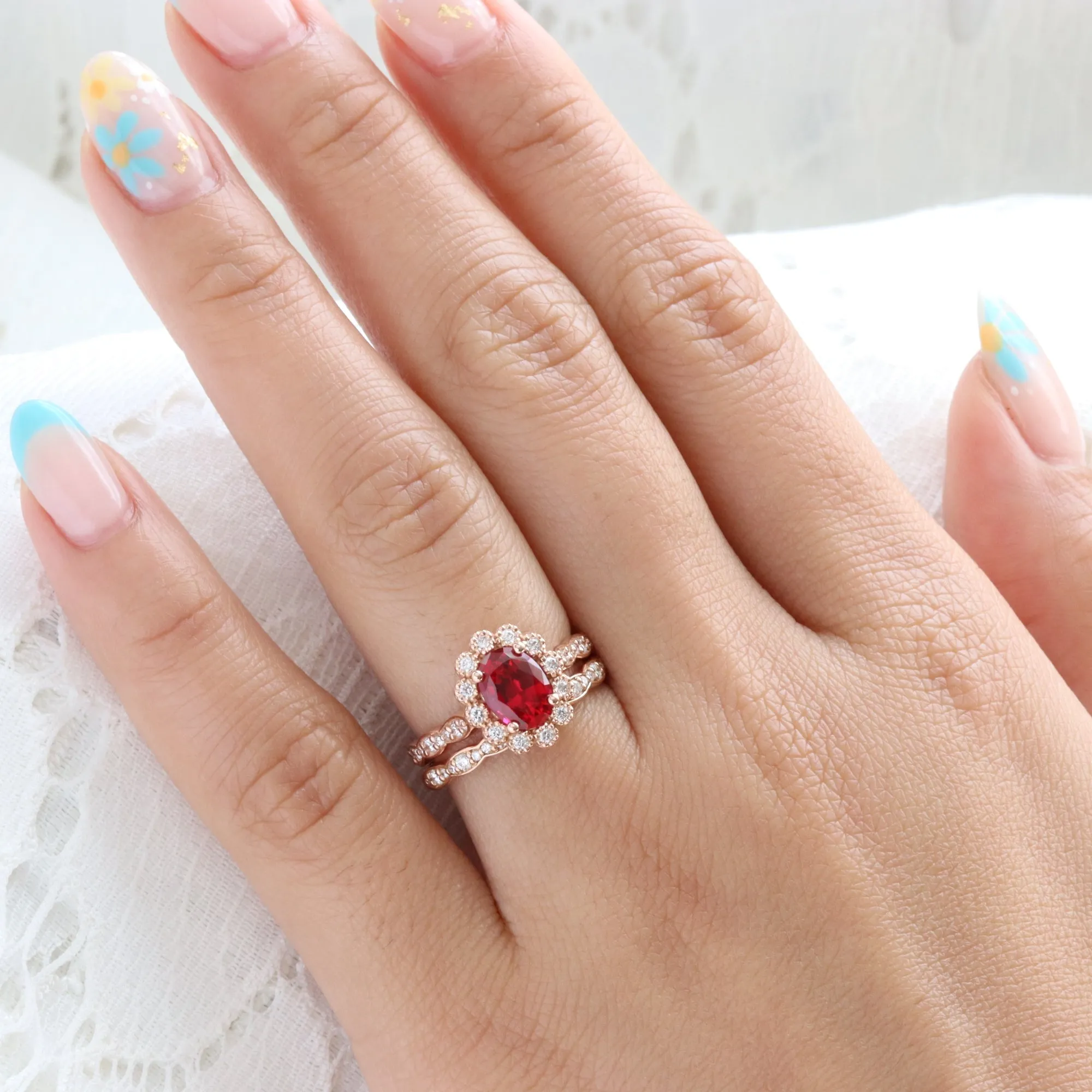 Oval Ruby Diamond Ring Bridal Set w/ Matching Wedding Band in Vintage Luna Halo
