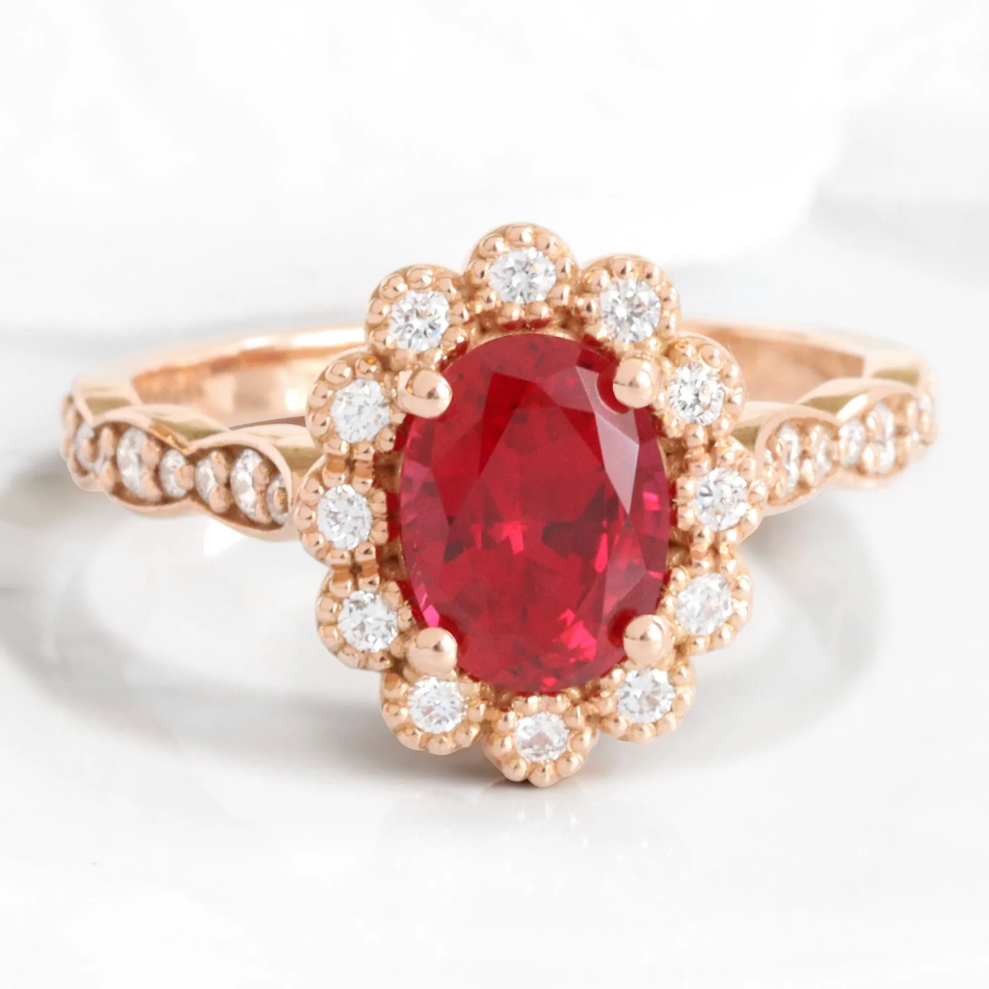 Oval Ruby Diamond Ring Bridal Set w/ Matching Wedding Band in Vintage Luna Halo