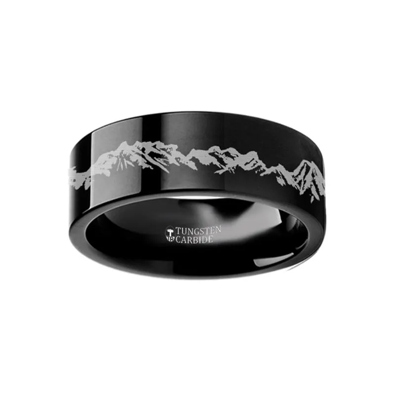 Peaks Mountain Range Scene Engraved Flat Tungsten Wedding Band for Men and Women - 4MM - 12MM