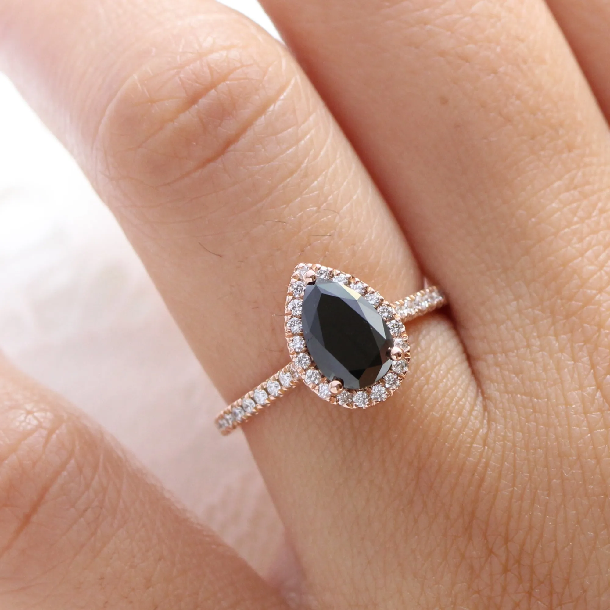 Pear Black Diamond Ring in Luna Halo Pave Diamond Band