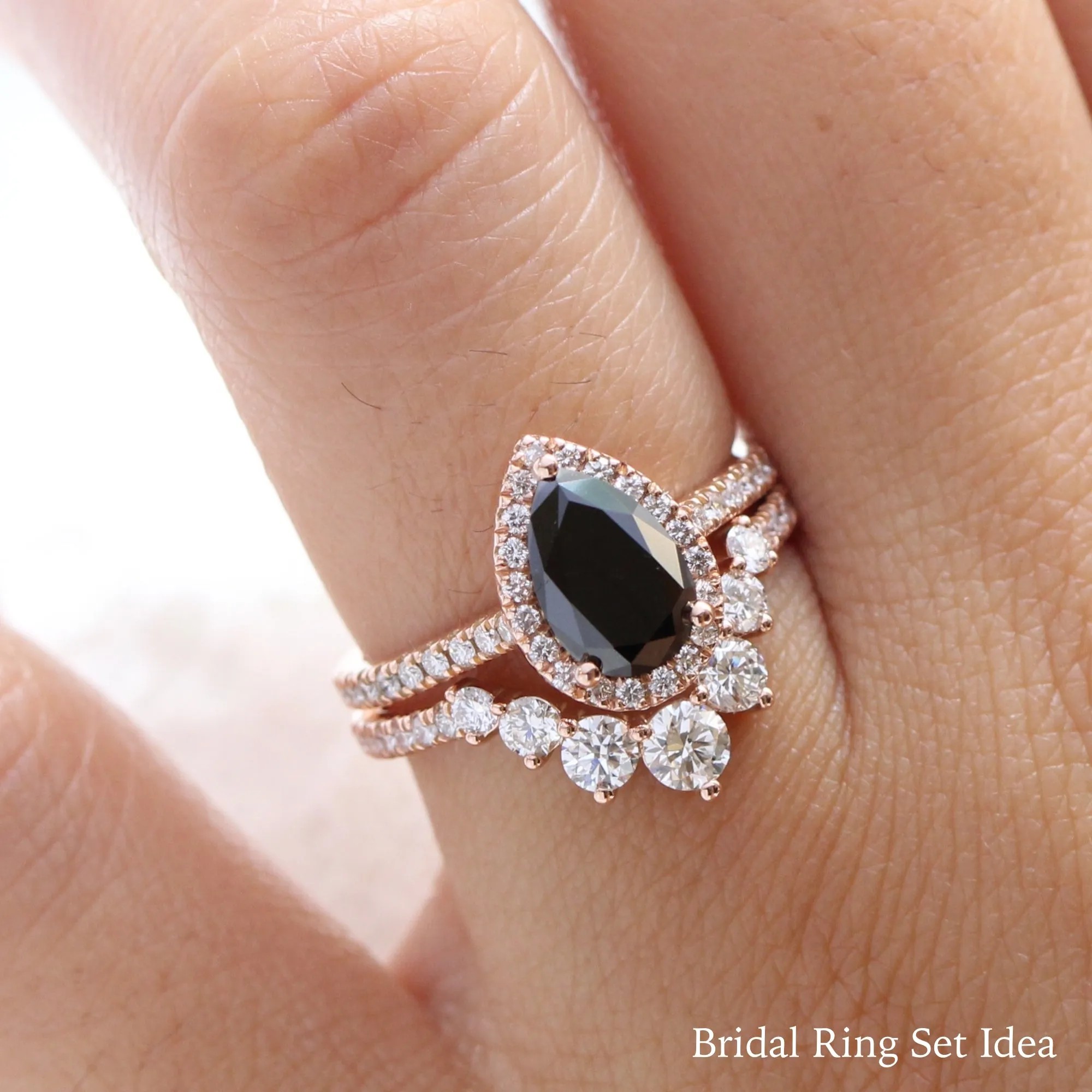 Pear Black Diamond Ring in Luna Halo Pave Diamond Band