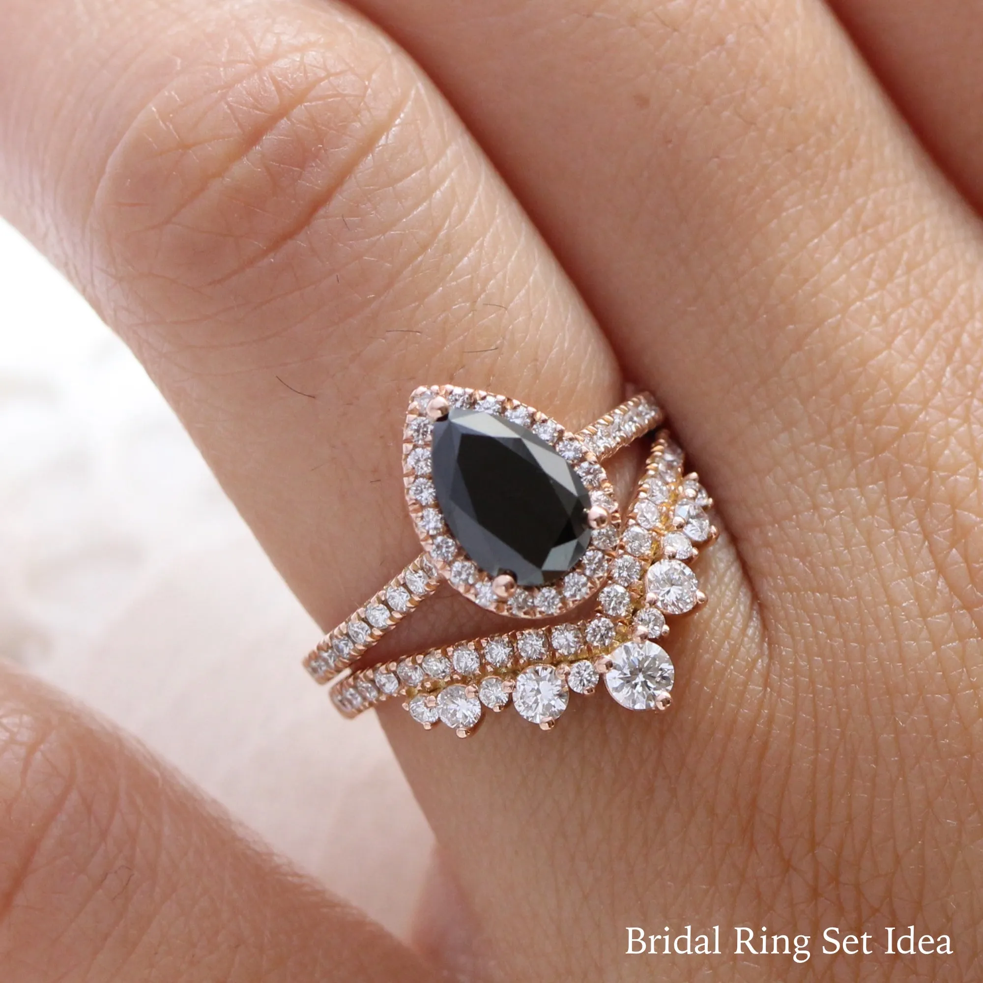 Pear Black Diamond Ring in Luna Halo Pave Diamond Band