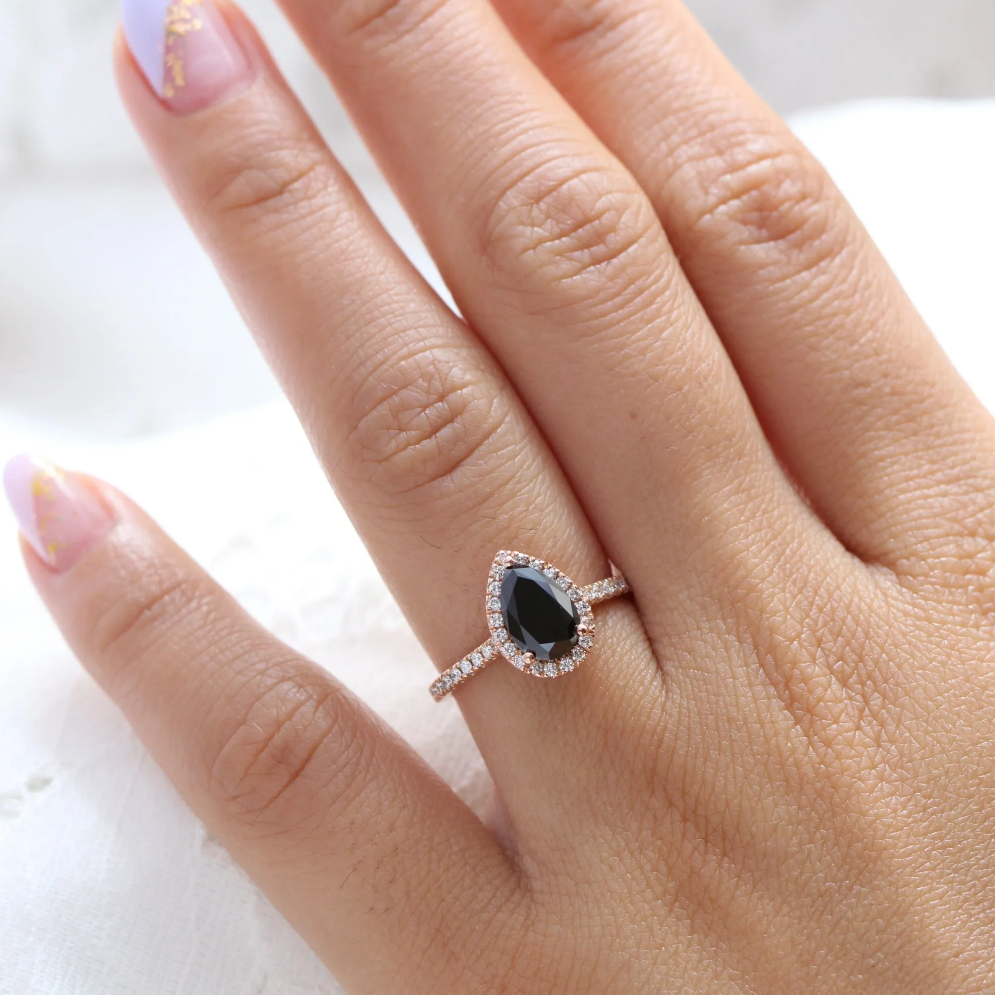 Pear Black Diamond Ring in Luna Halo Pave Diamond Band