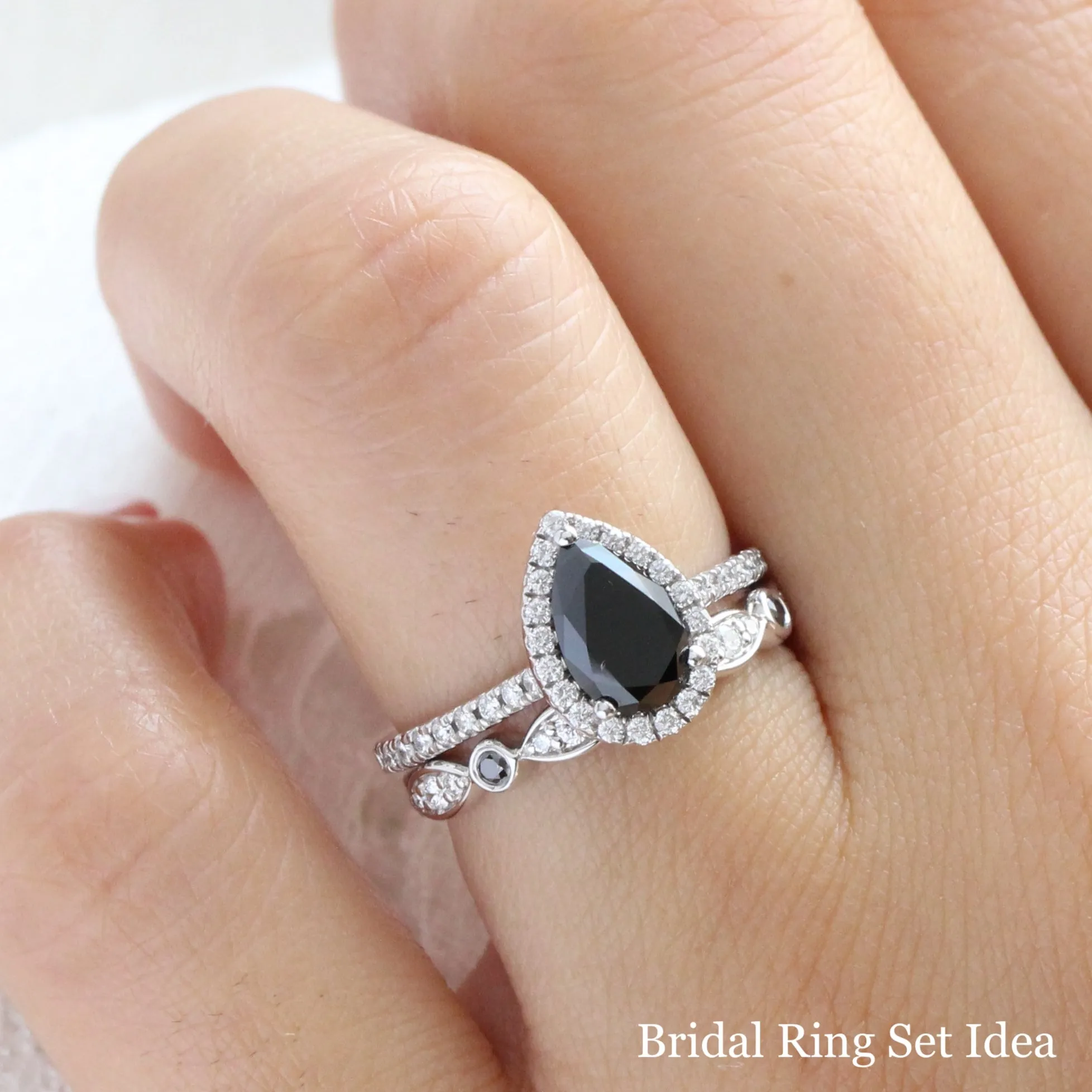 Pear Black Diamond Ring in Luna Halo Pave Diamond Band