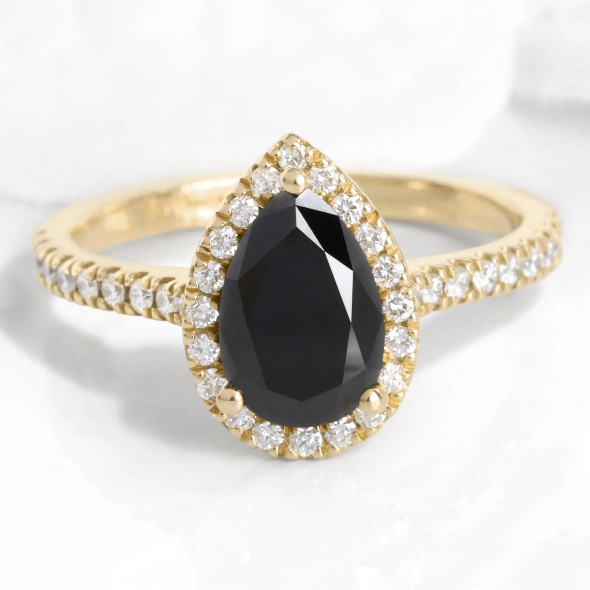 Pear Black Diamond Ring in Luna Halo Pave Diamond Band
