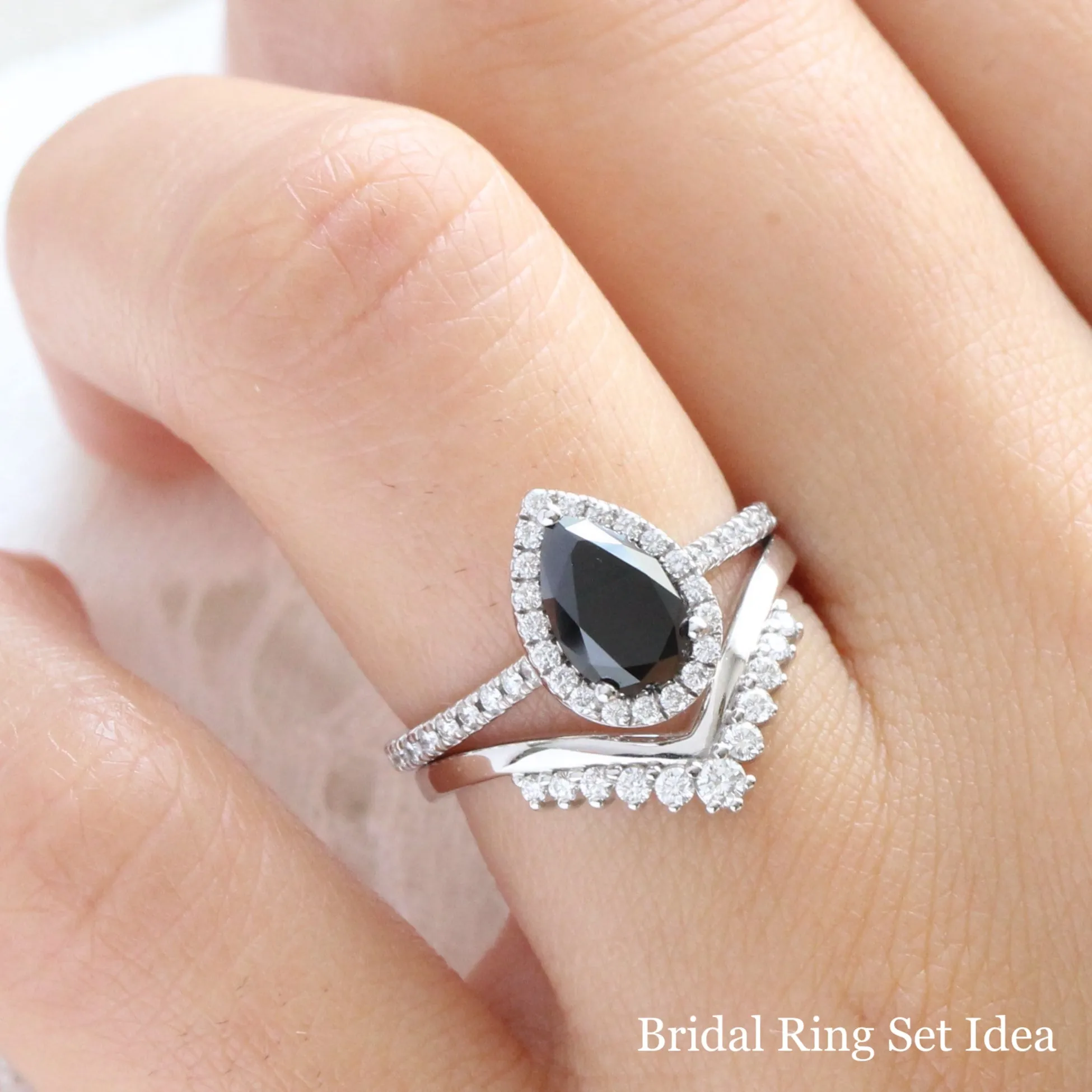 Pear Black Diamond Ring in Luna Halo Pave Diamond Band