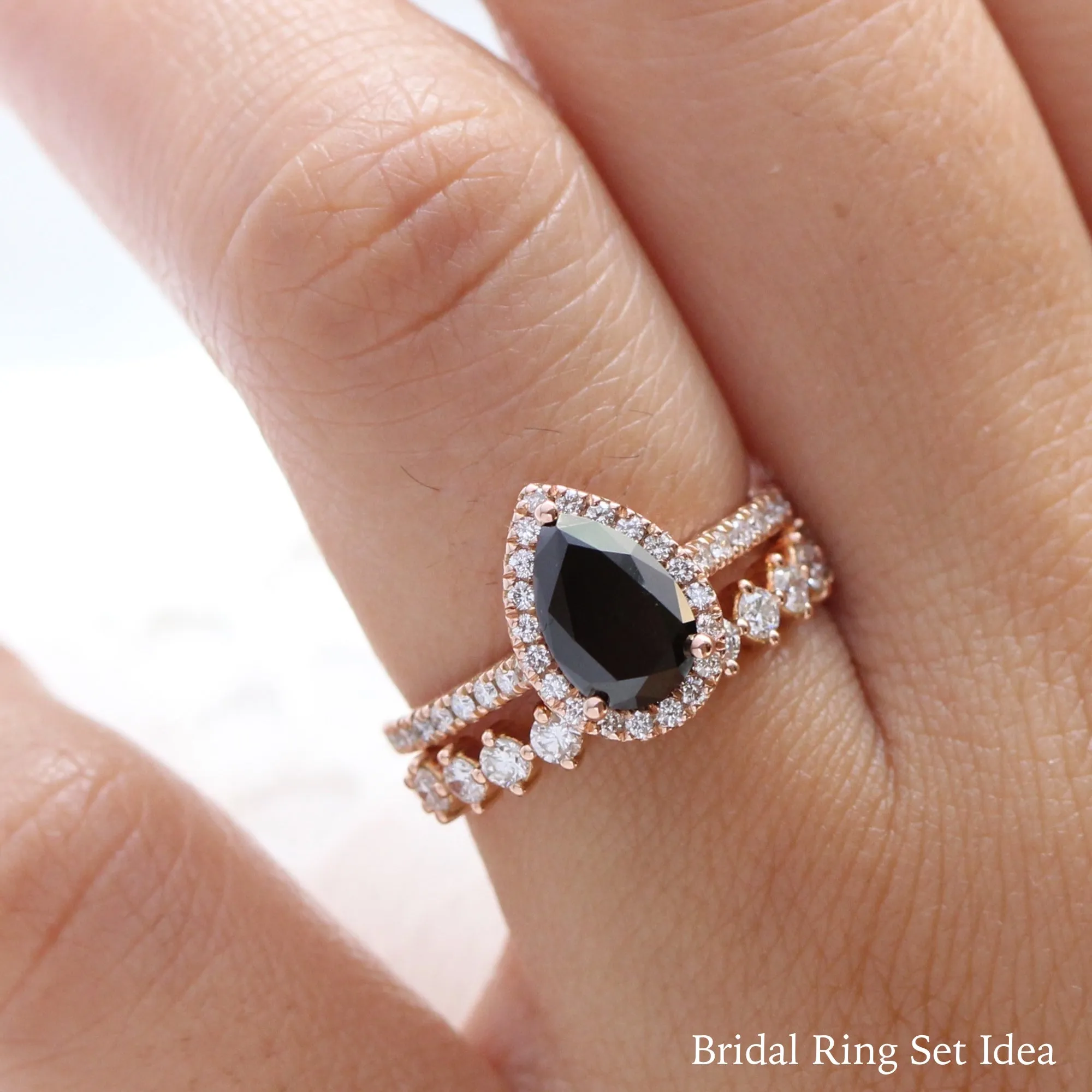 Pear Black Diamond Ring in Luna Halo Pave Diamond Band