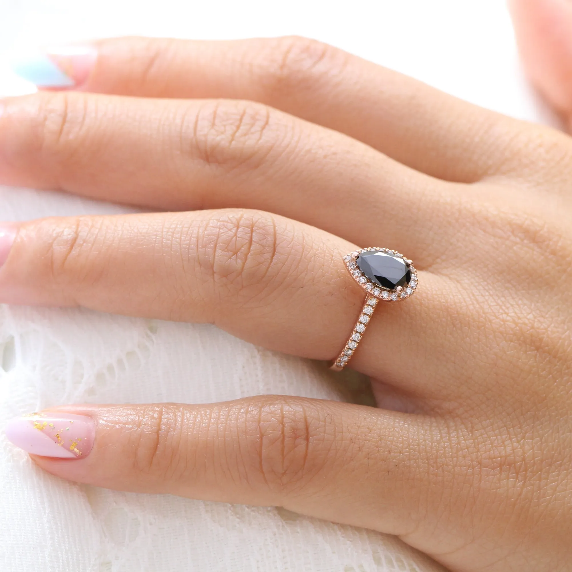 Pear Black Diamond Ring in Luna Halo Pave Diamond Band