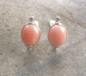 Pink Coral Earrings - Pink Oval Earrings - Vintage Bezel Earrings