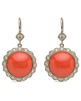 Platinum Coral and Diamond Flower Drop Earrings