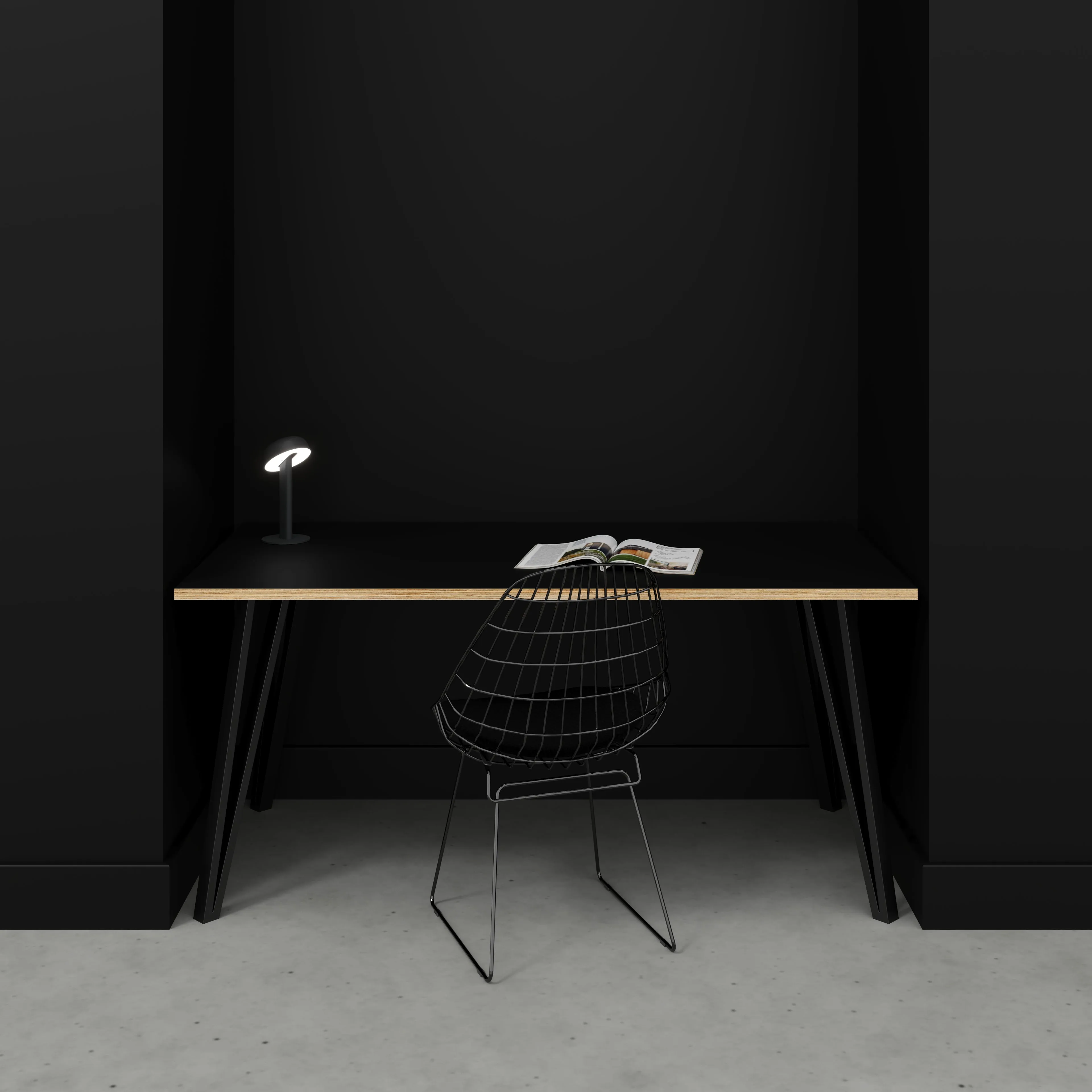 Plywood Desk with Black Box Hairpin Legs - Formica Diamond Black - 1600(w) x 800(d) x 735(h)