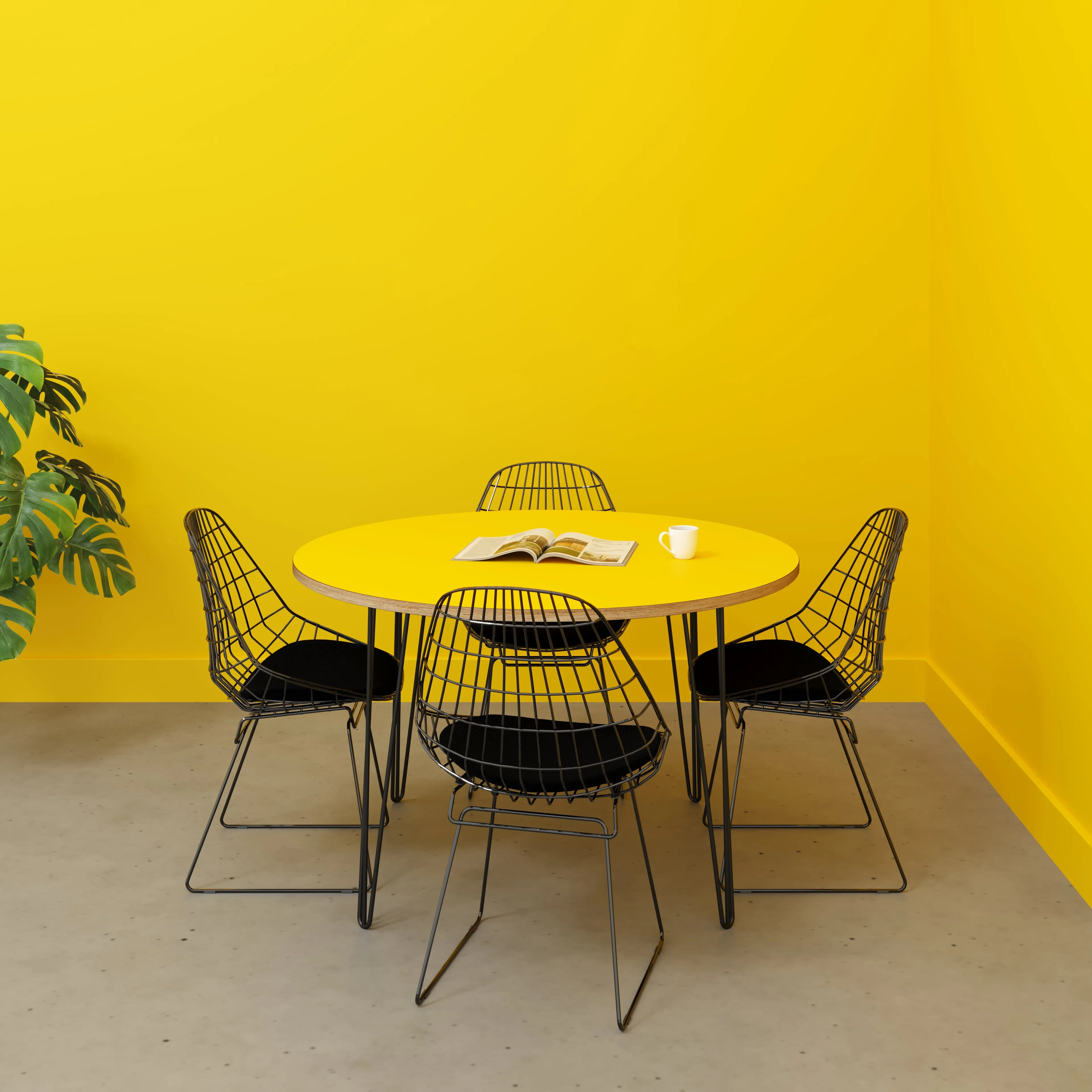 Plywood Round Table with Black Hairpin Legs - Formica Chrome Yellow - 1200(dia) x 735(h)