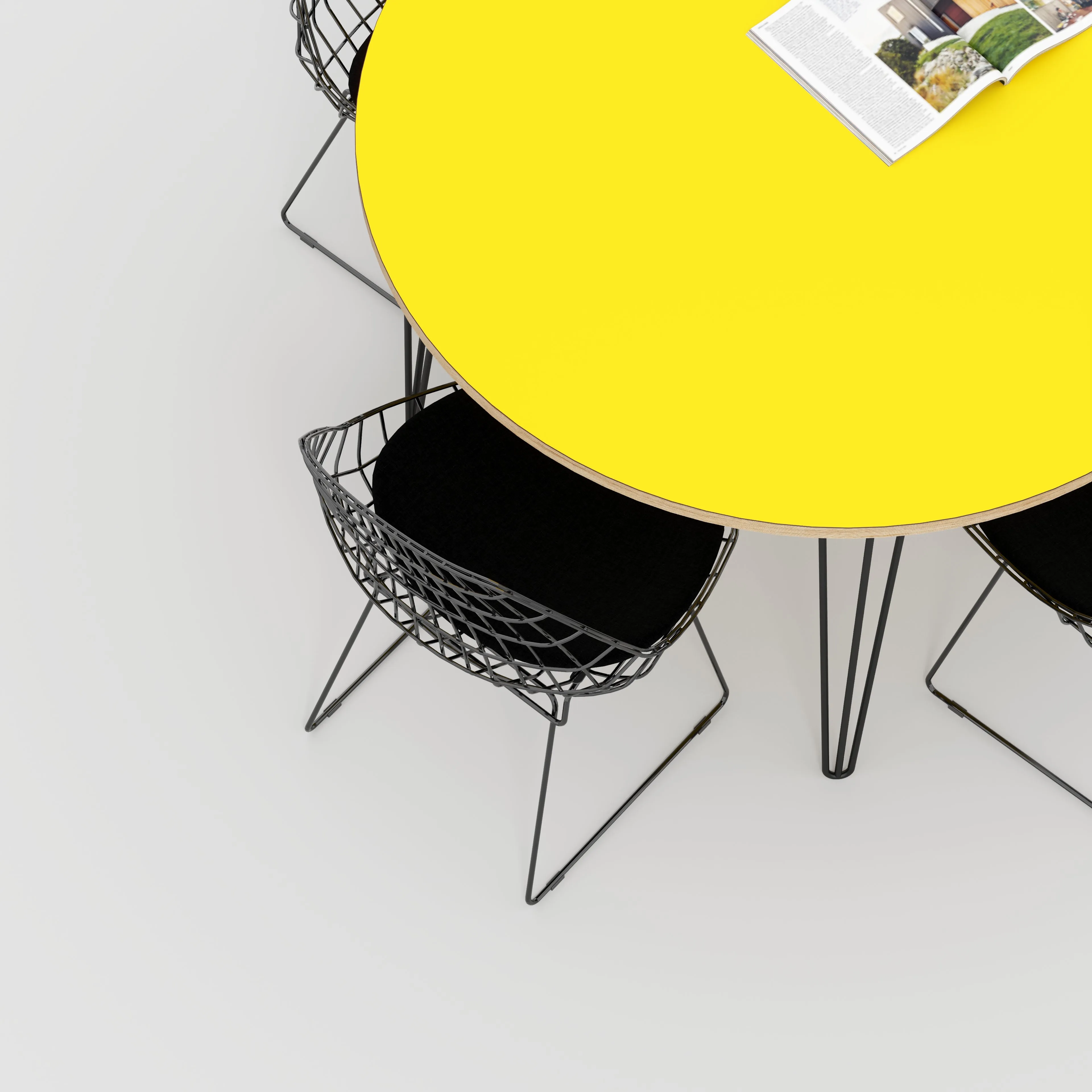 Plywood Round Table with Black Hairpin Legs - Formica Chrome Yellow - 1200(dia) x 735(h)
