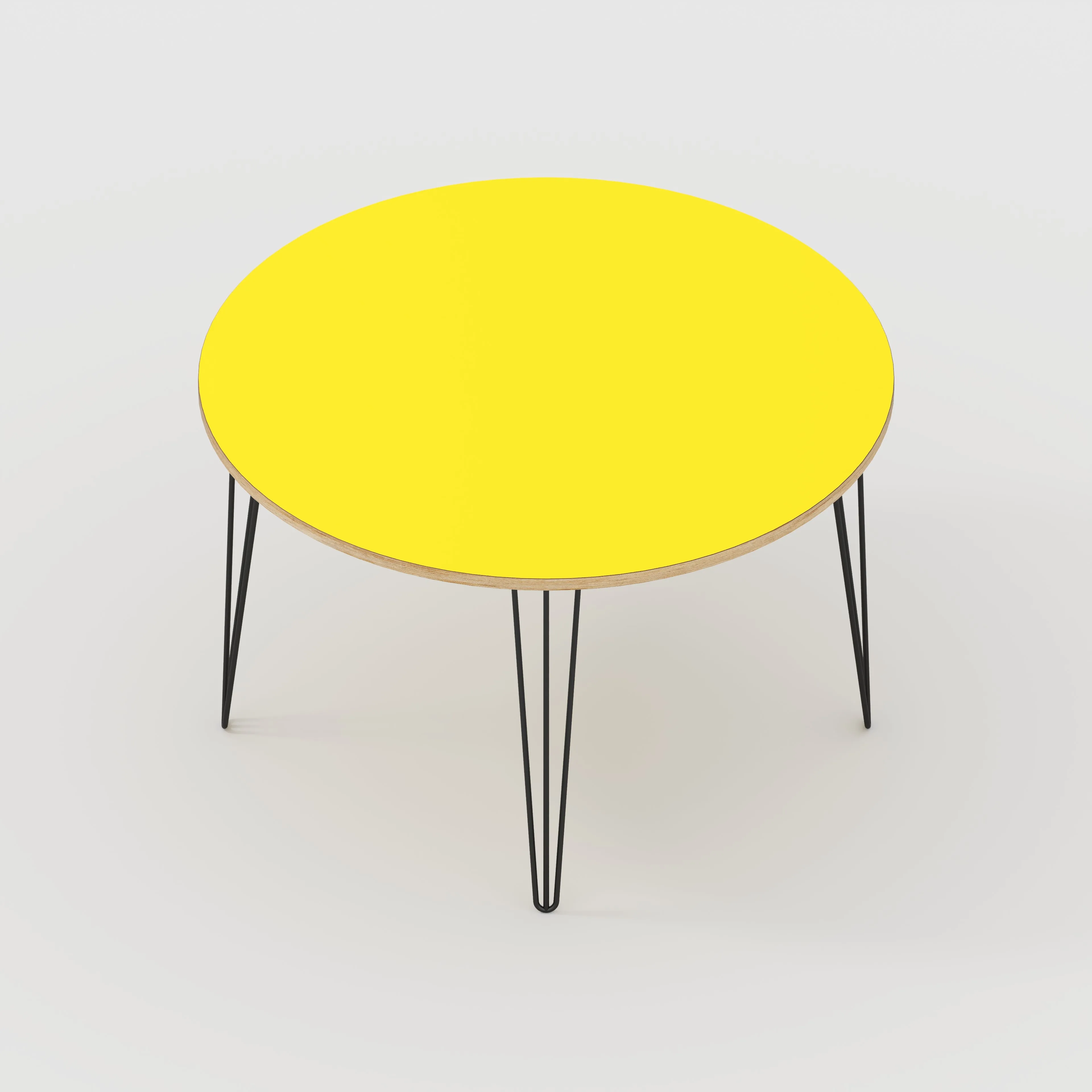 Plywood Round Table with Black Hairpin Legs - Formica Chrome Yellow - 1200(dia) x 735(h)