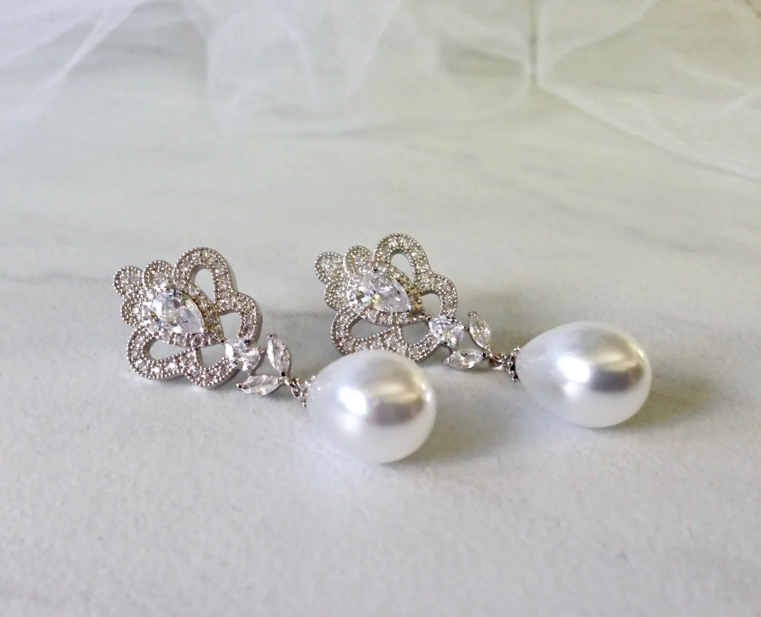 "Ayla" - Pearl and Cubic Zirconia Bridal Earrings