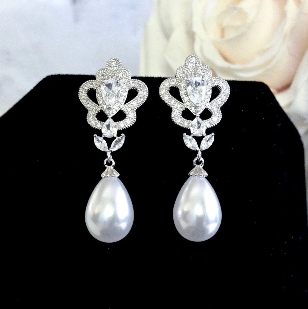 "Ayla" - Pearl and Cubic Zirconia Bridal Earrings