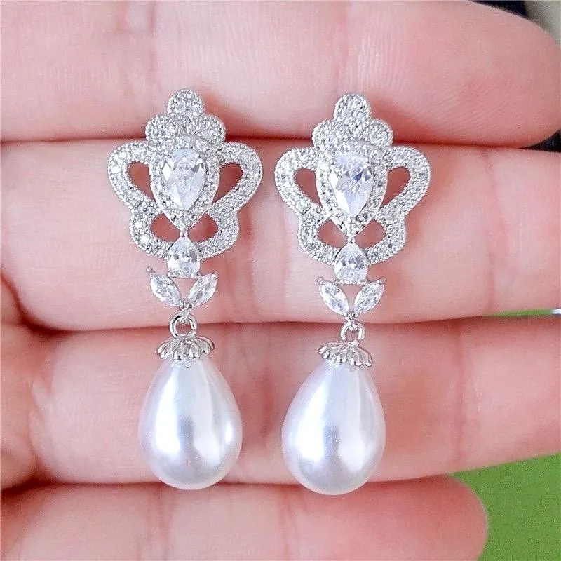 "Ayla" - Pearl and Cubic Zirconia Bridal Earrings