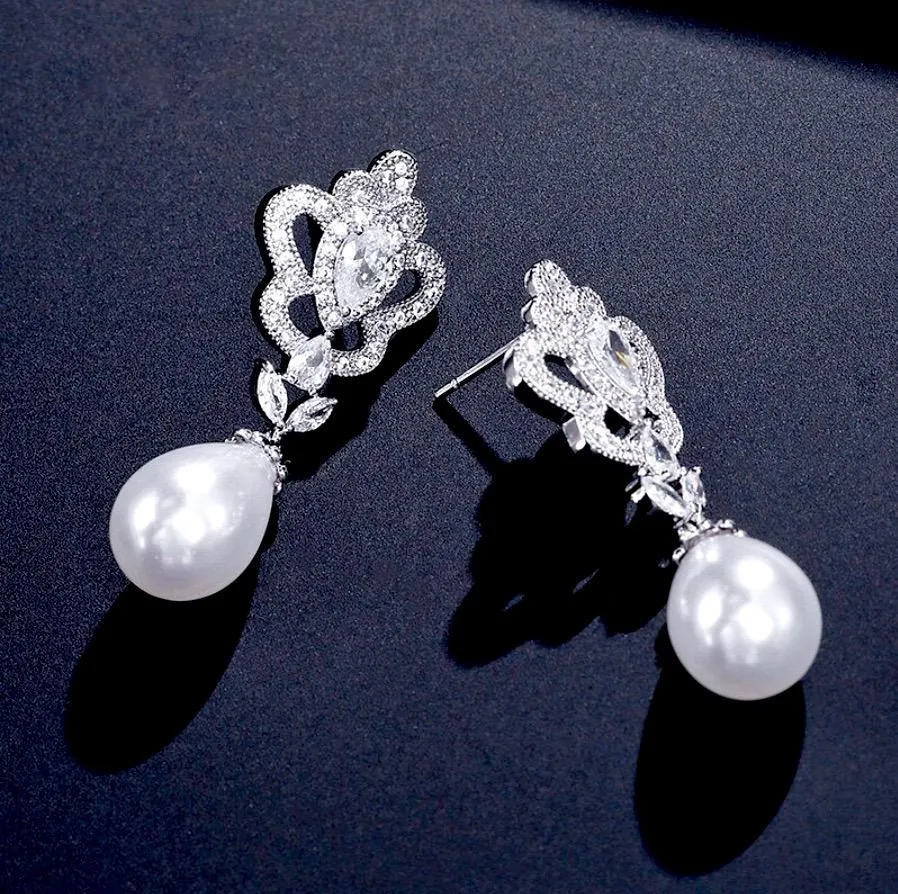 "Ayla" - Pearl and Cubic Zirconia Bridal Earrings