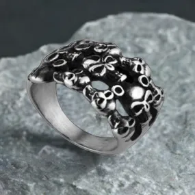 R118 Stainless Steel Many Face Skull Biker Ring