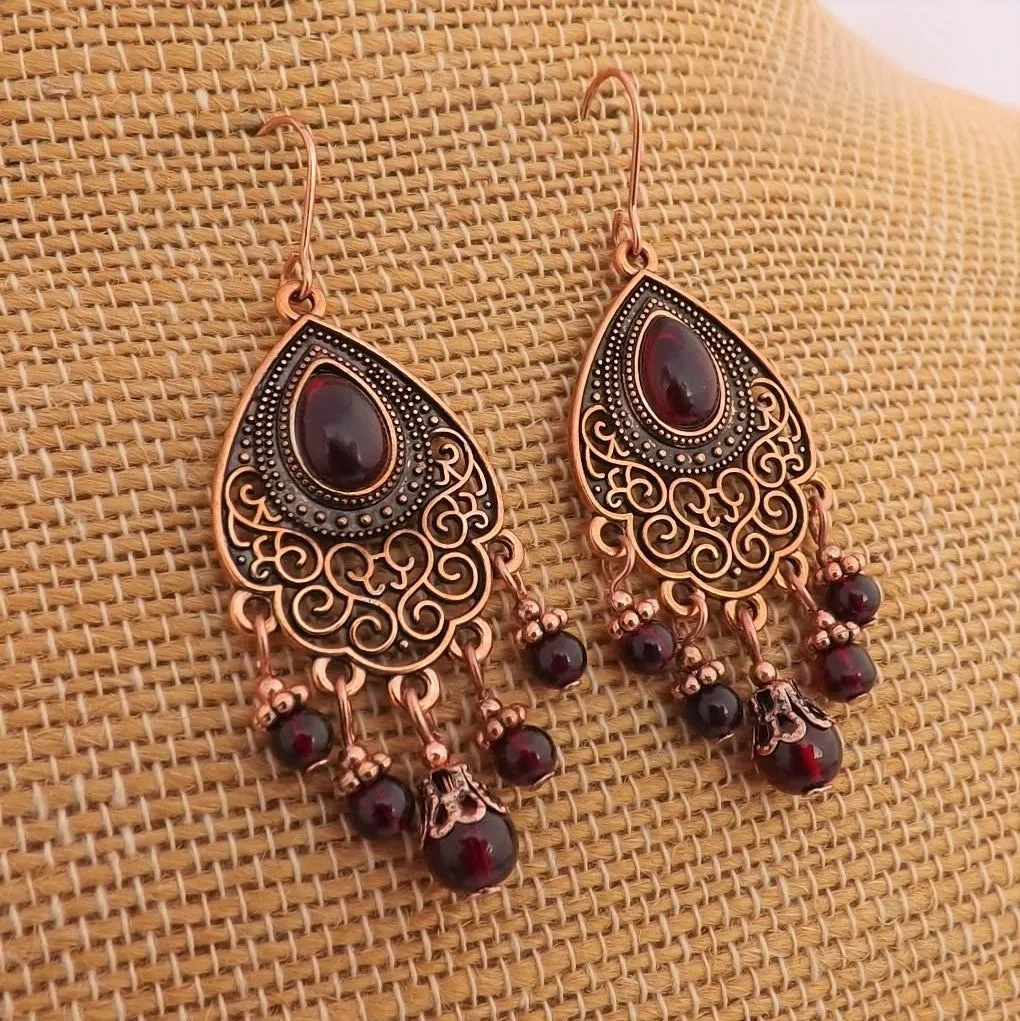 Red & Copper Tone Chandelier Drop Earrings