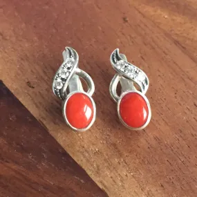 Red Coral Earrings - Coral Vintage Earrings - Oval Coral Studs