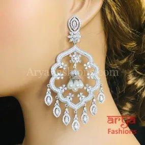 Rose Gold CZ Long Designer Cocktail Earrings / Silver CZ Chandelier Earrings