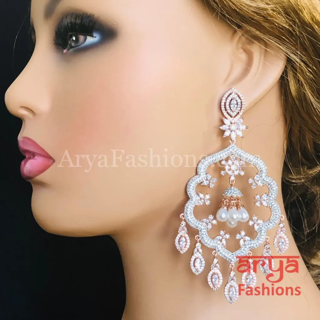 Rose Gold CZ Long Designer Cocktail Earrings / Silver CZ Chandelier Earrings
