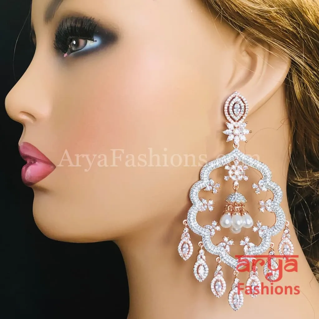 Rose Gold CZ Long Designer Cocktail Earrings / Silver CZ Chandelier Earrings