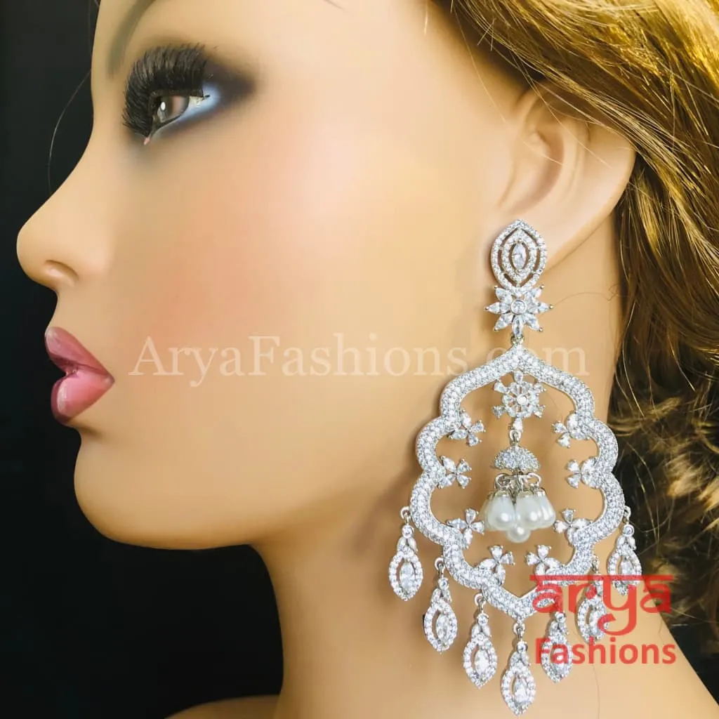 Rose Gold CZ Long Designer Cocktail Earrings / Silver CZ Chandelier Earrings