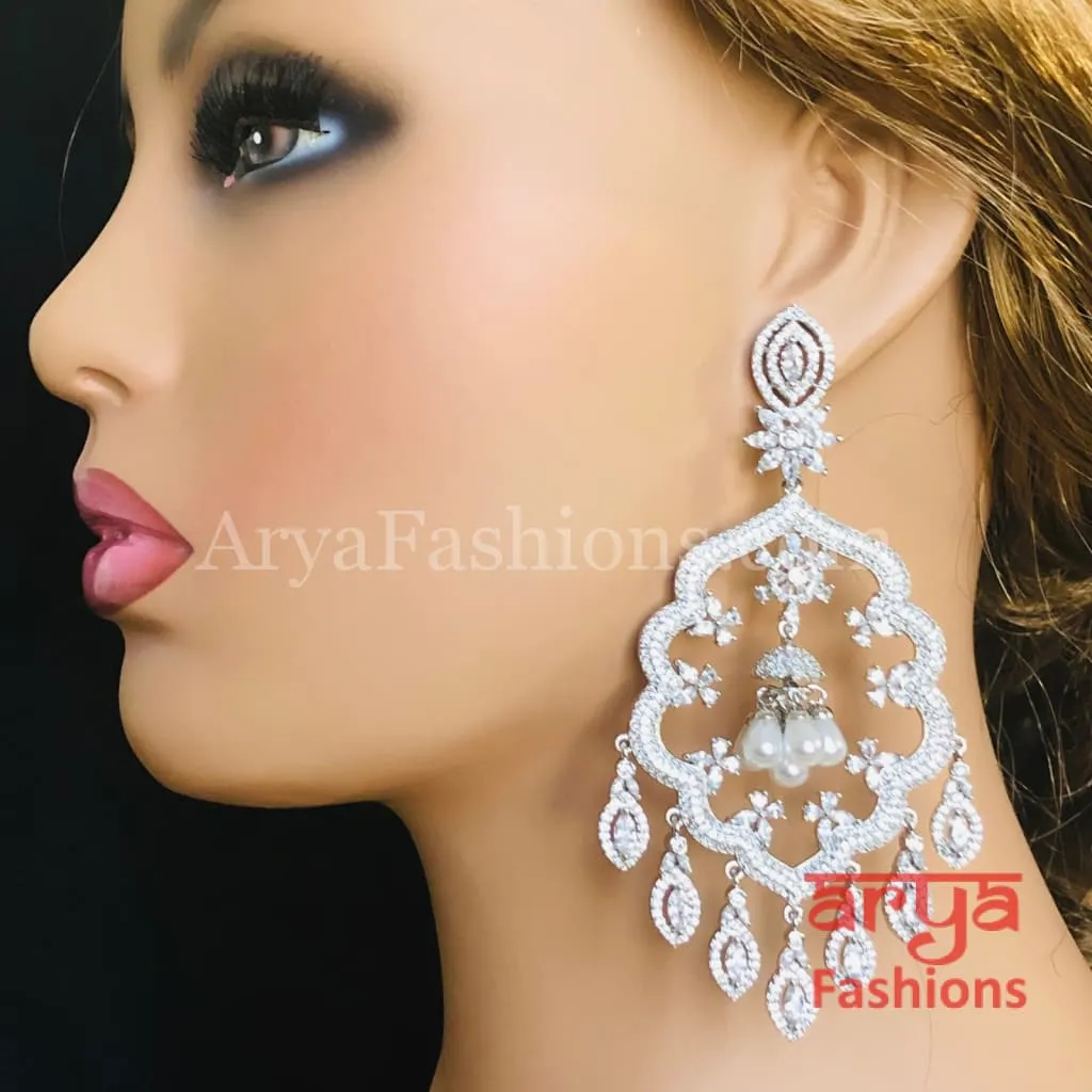Rose Gold CZ Long Designer Cocktail Earrings / Silver CZ Chandelier Earrings