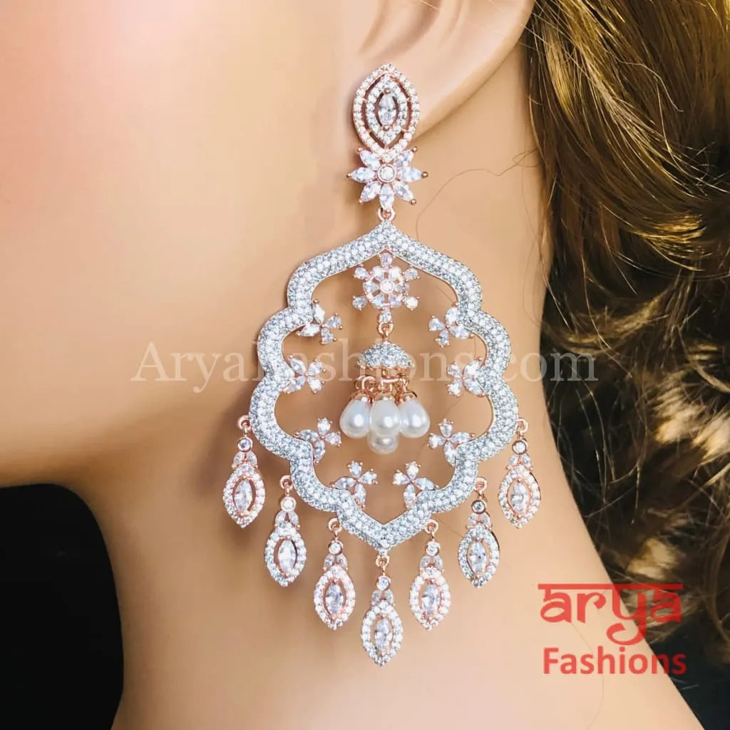 Rose Gold CZ Long Designer Cocktail Earrings / Silver CZ Chandelier Earrings