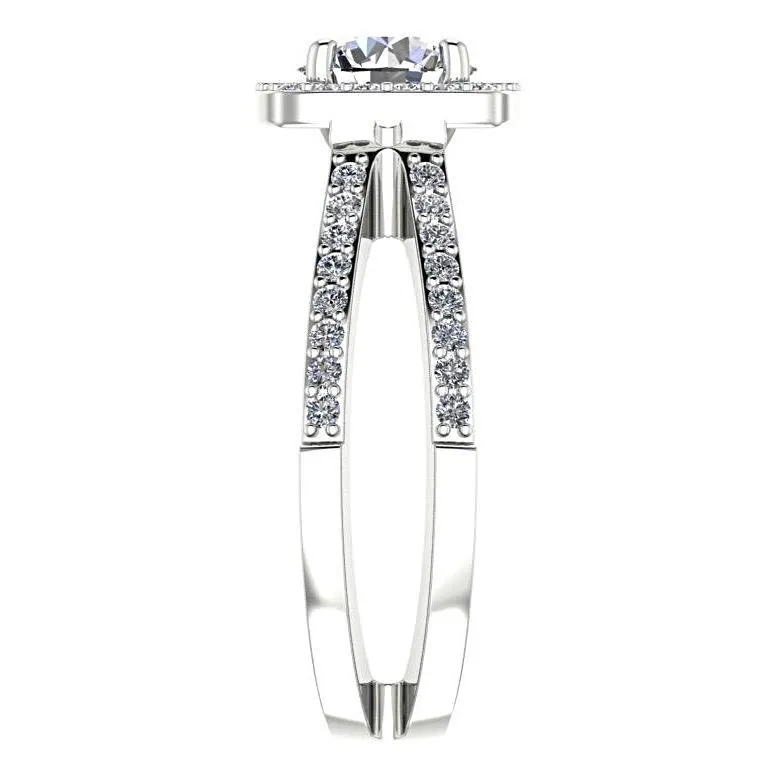 Round Diamond Halo Split Shank Engagement Ring 18K White Gold