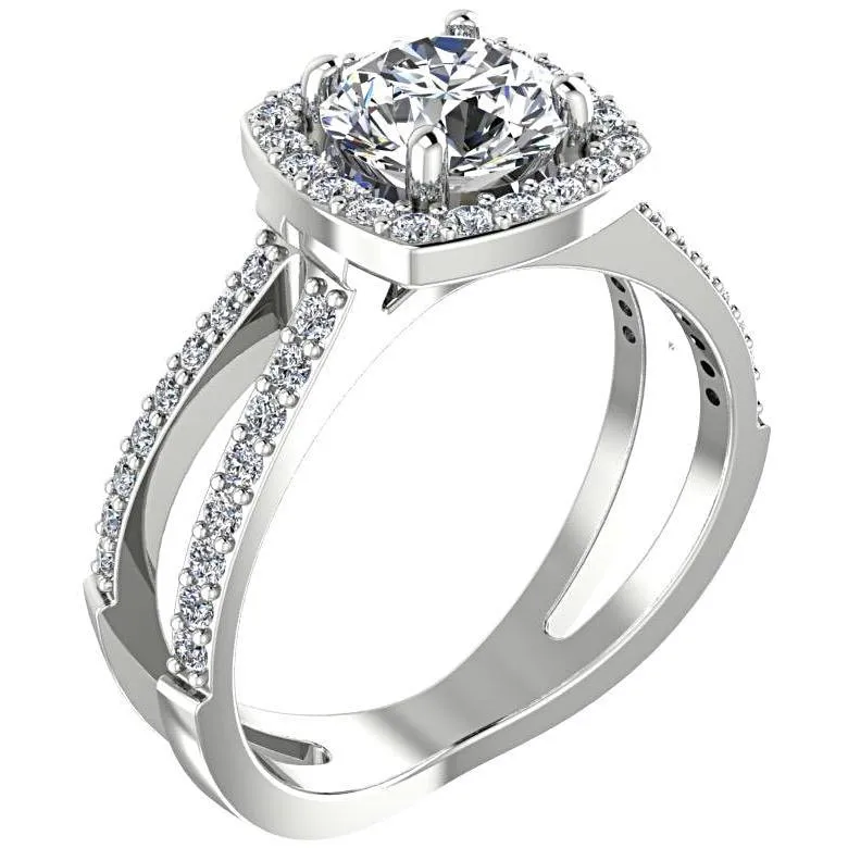 Round Diamond Halo Split Shank Engagement Ring 18K White Gold
