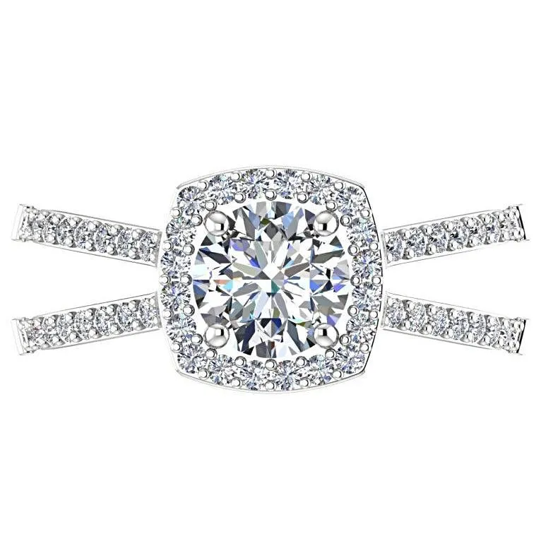 Round Diamond Halo Split Shank Engagement Ring 18K White Gold