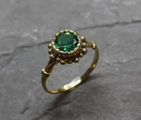 Round Emerald Gold Ring, Flower Emerald Ring, Emerald Vintage Ring