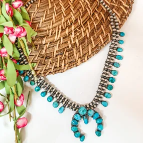Sheryl Martinez | Navajo Handmade Sterling Silver Navajo Pearl and Kingman Turquoise Squash   Naja Necklace