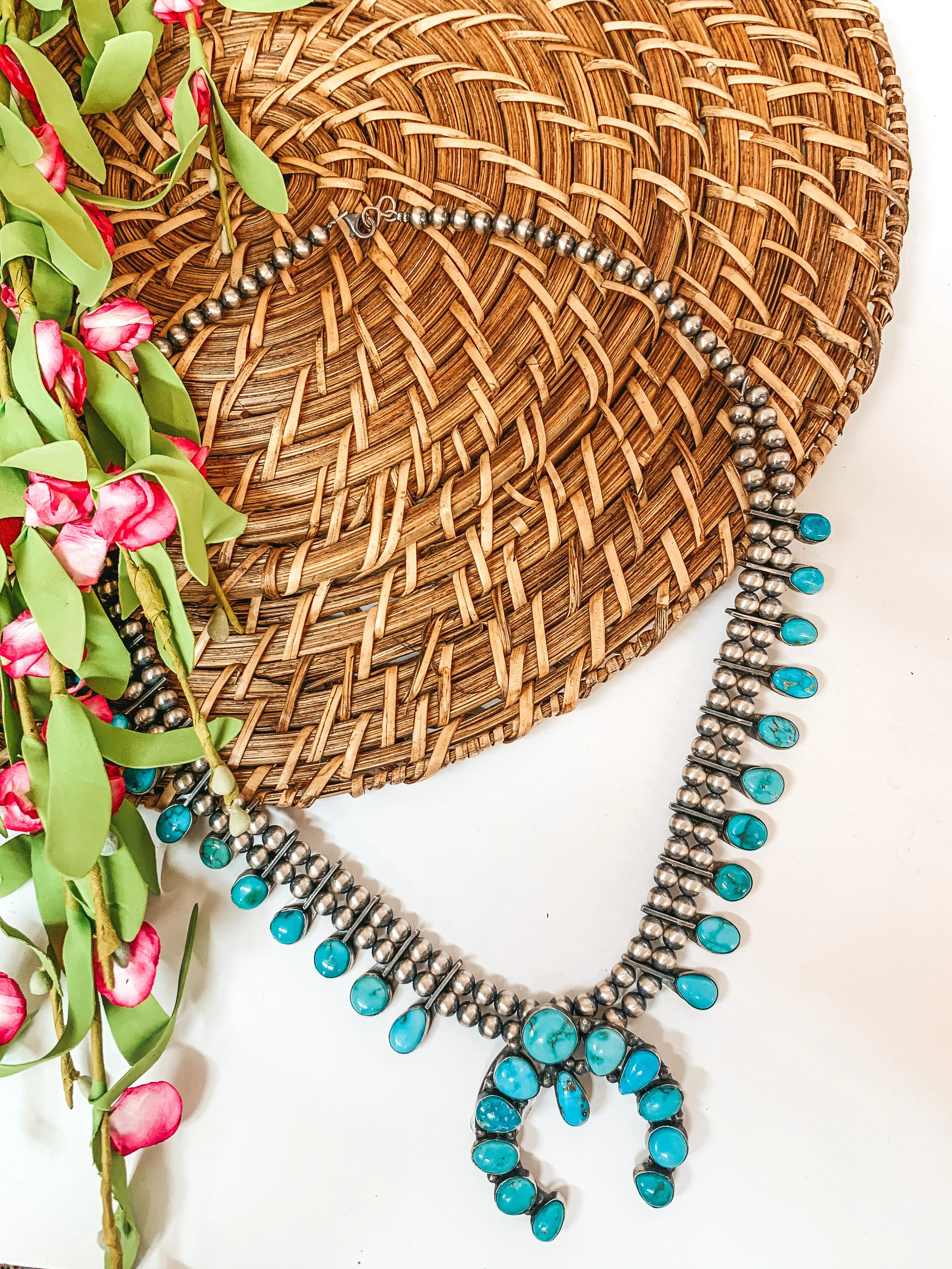 Sheryl Martinez | Navajo Handmade Sterling Silver Navajo Pearl and Kingman Turquoise Squash   Naja Necklace