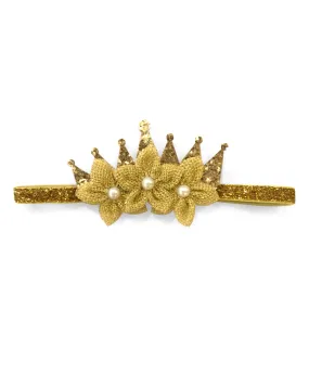 Shimmery Crown & Flower Elasticated Headband - Golden