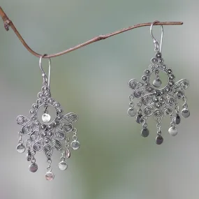 Silver Peacock Feather Chandelier Earrings