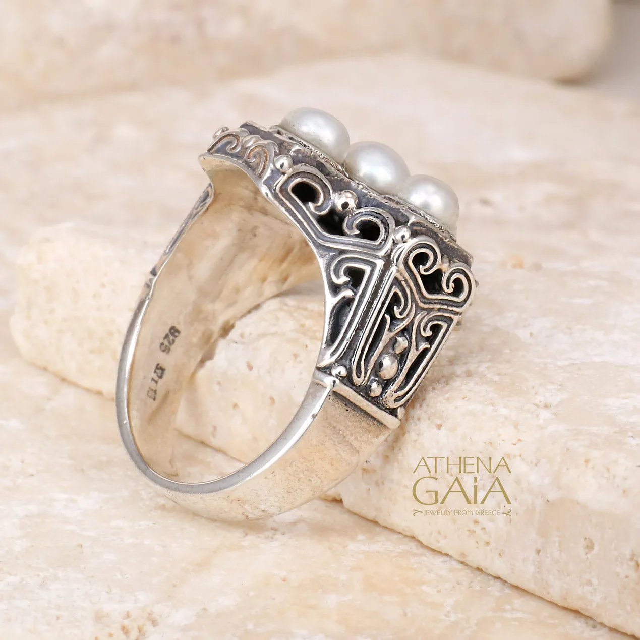 Silver Pearl Eastern Cross Ring