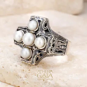 Silver Pearl Eastern Cross Ring
