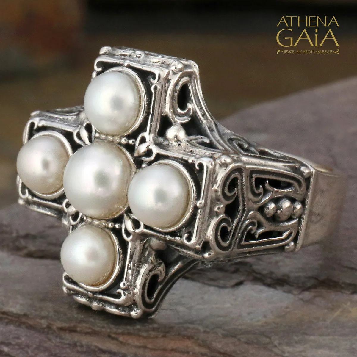 Silver Pearl Eastern Cross Ring
