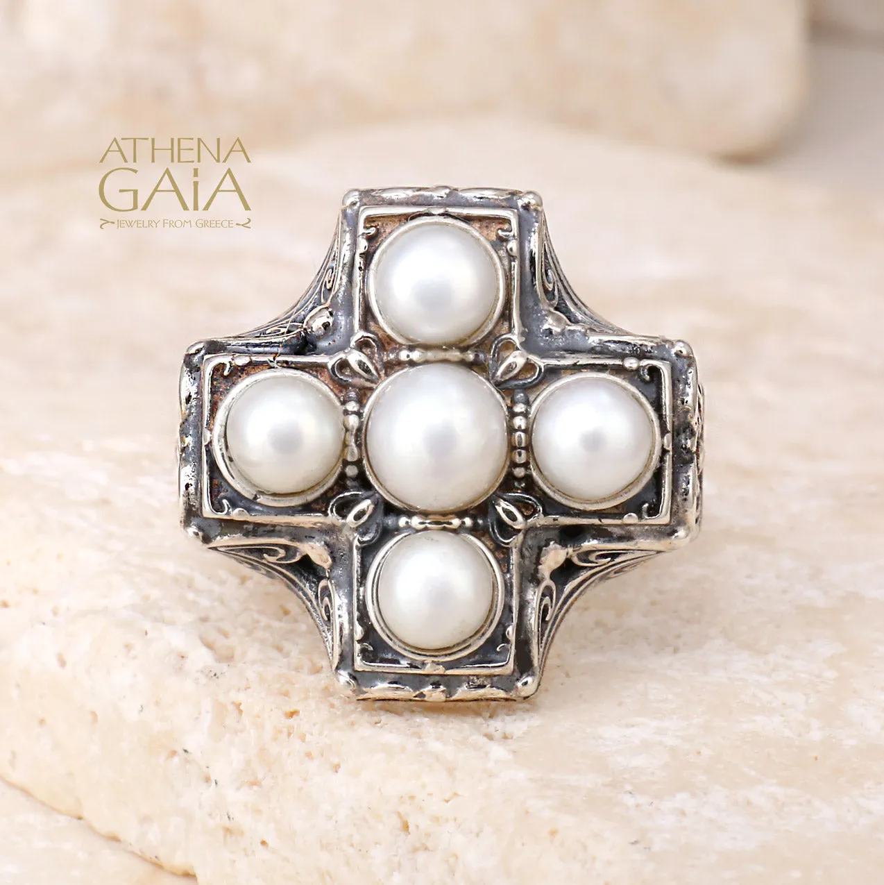 Silver Pearl Eastern Cross Ring