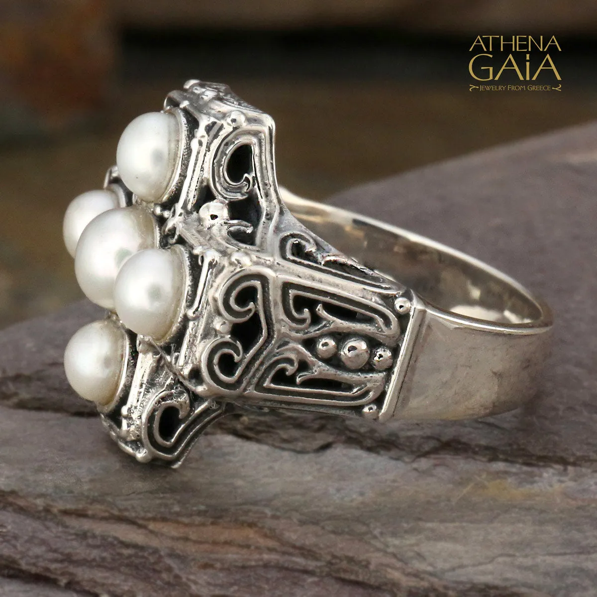 Silver Pearl Eastern Cross Ring