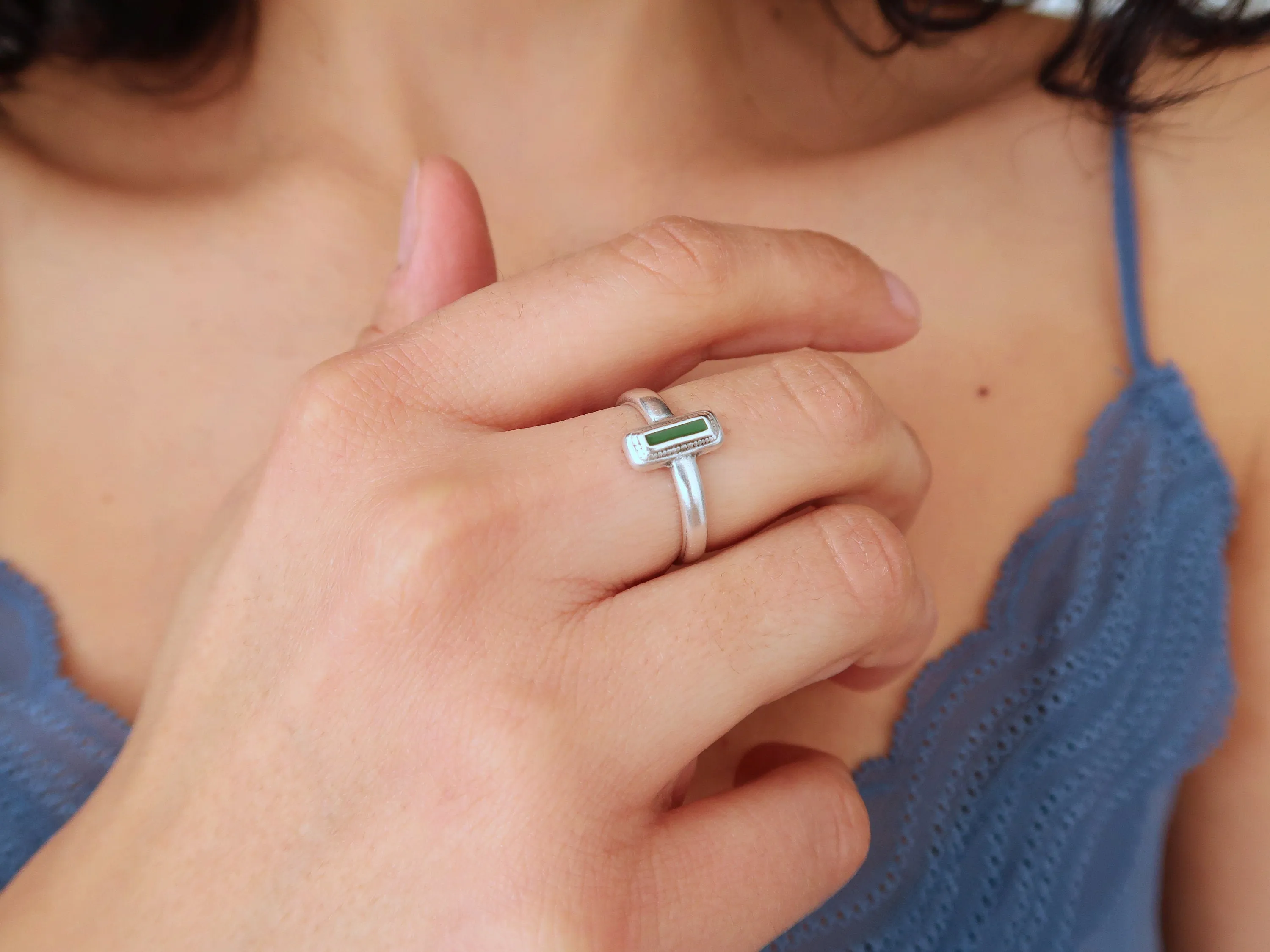 Silver Rectangle Turquoise/Black/Green Enamel Ring