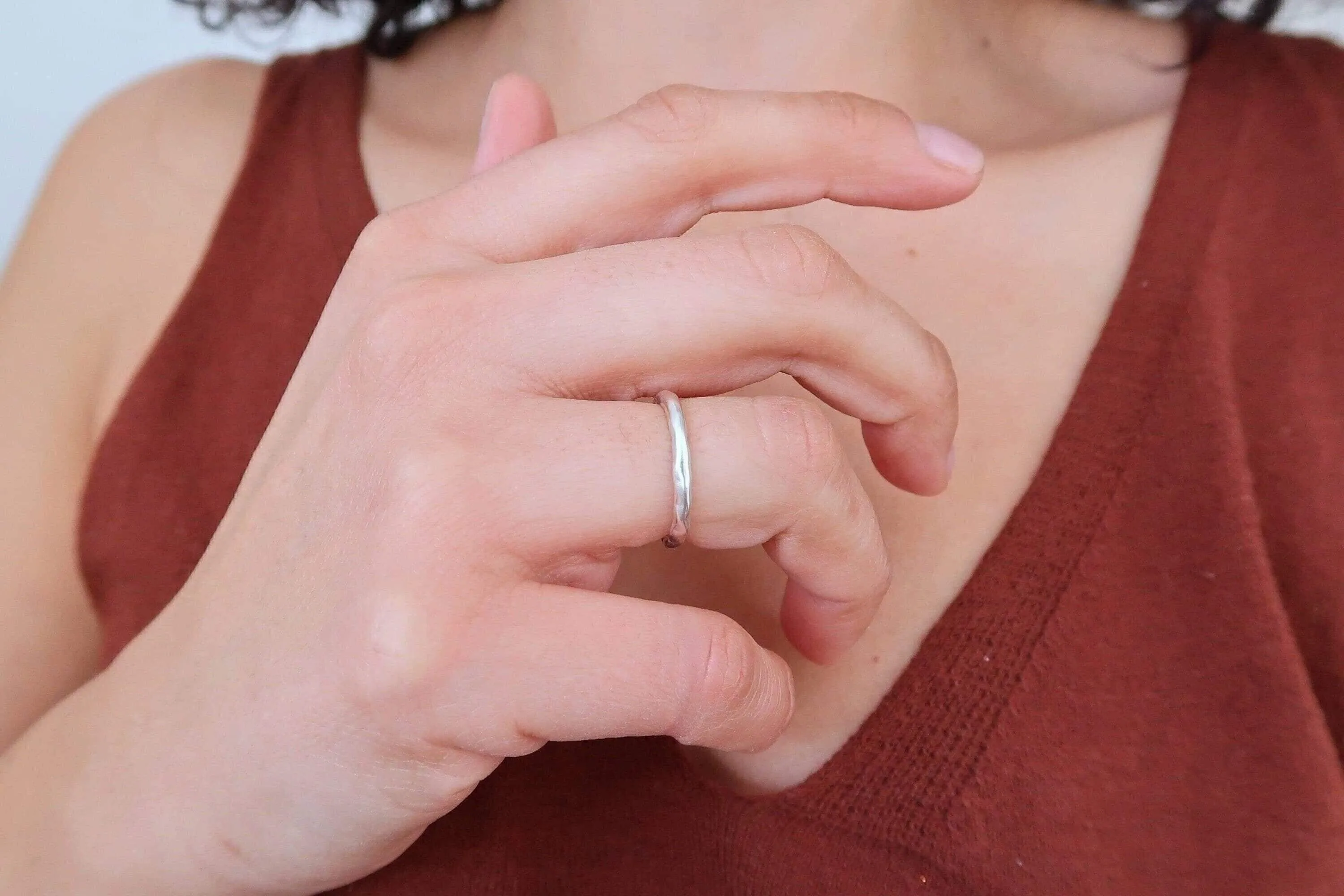 Silver thin hammered band ring