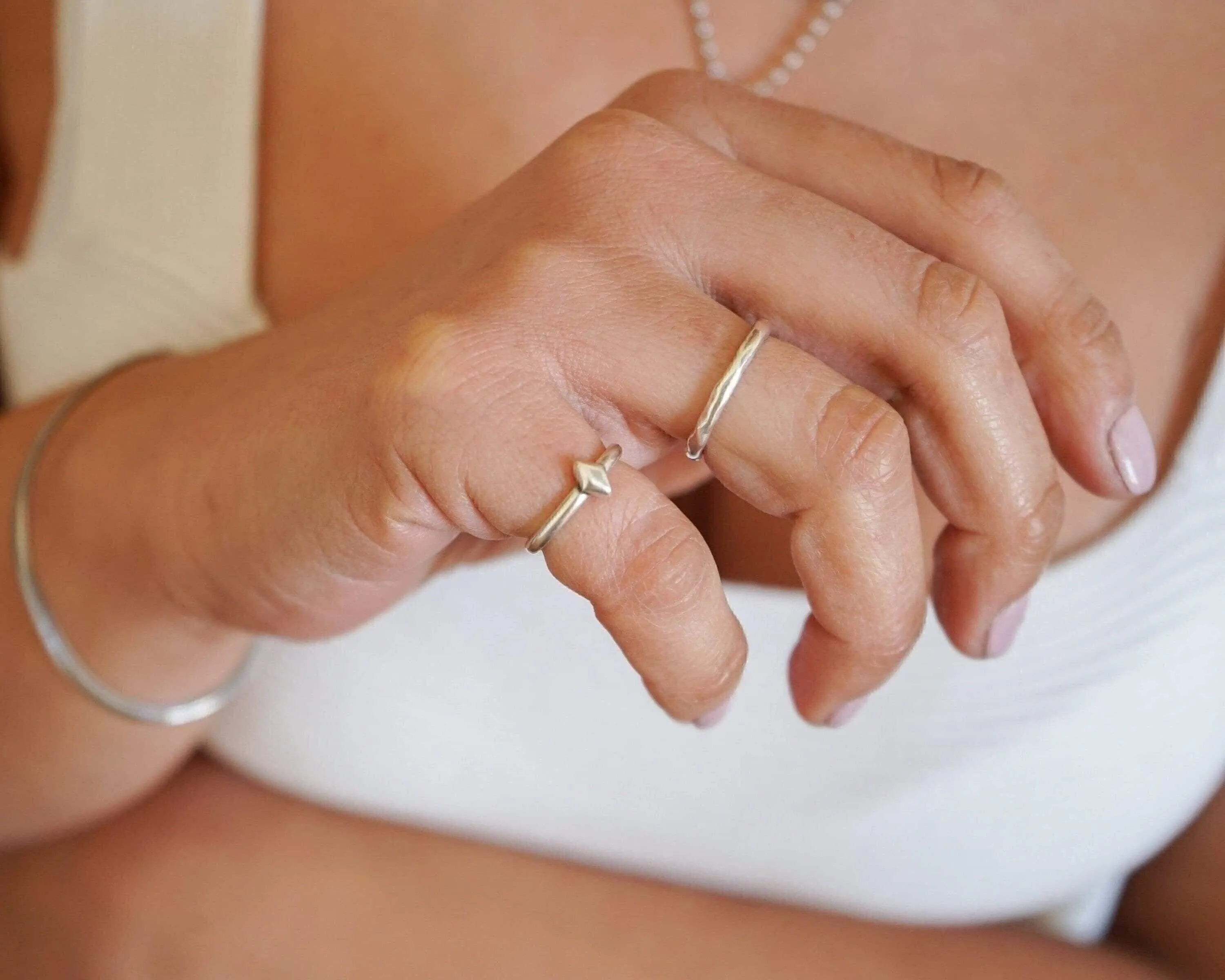 Silver thin hammered band ring