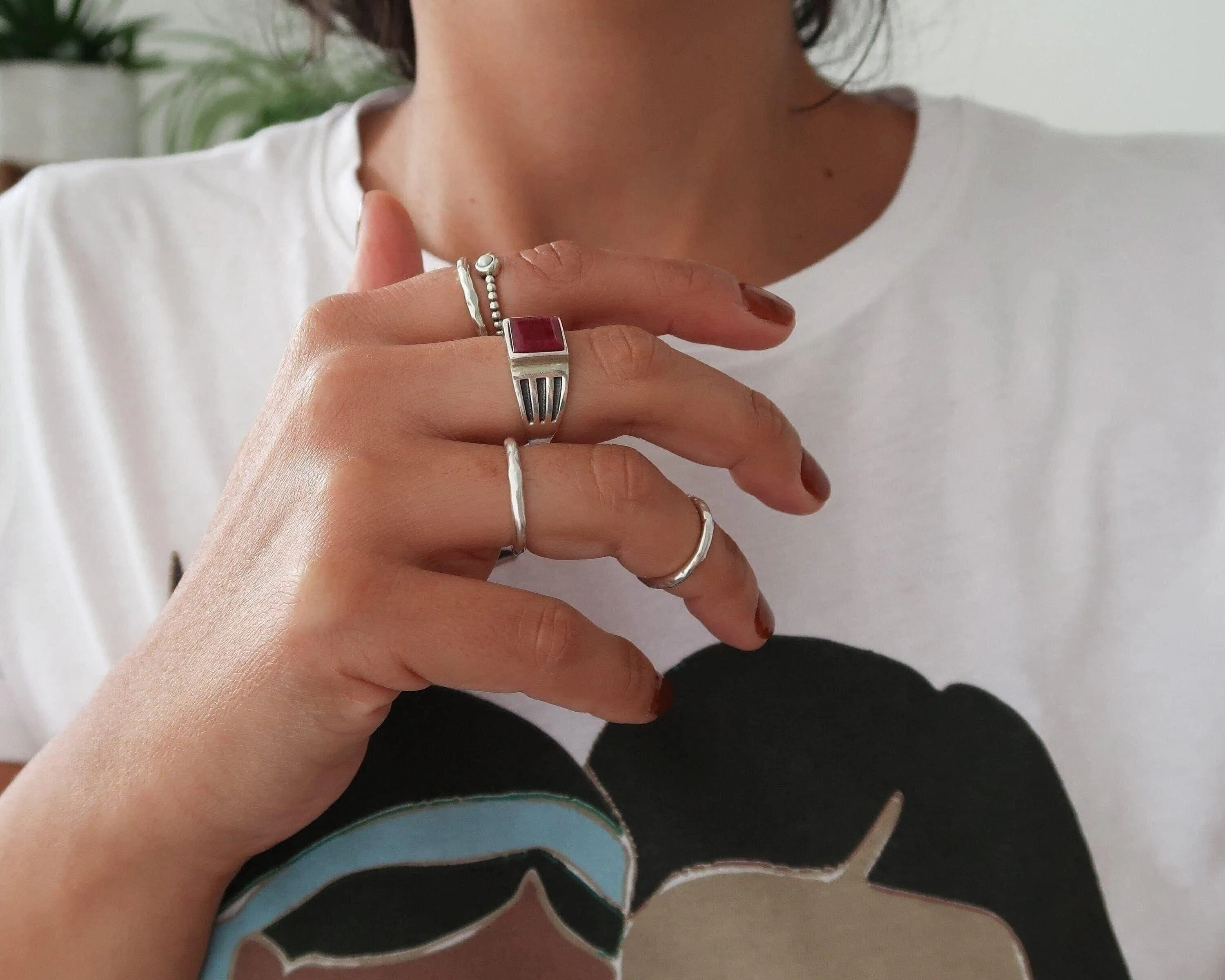 Silver thin hammered band ring