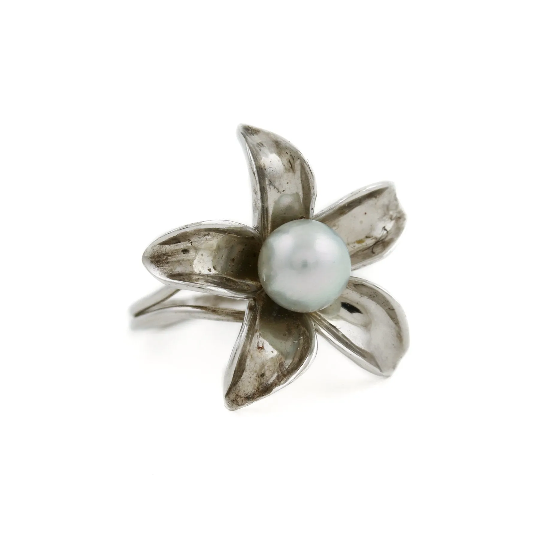 Silver x 8mm White Pearl Jasmine Flower Ring