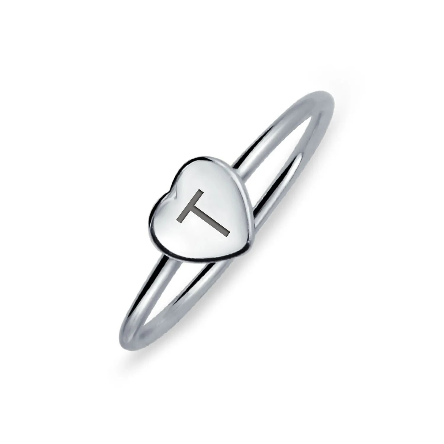 Simple ABC Heart Shape Monogram Initial Silver Ring Sterling A-Z Signet